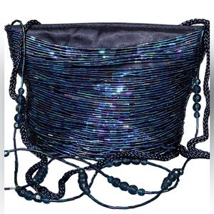 90’s SASHA BEADED Iridescent Navy Shoulder Bag Braided Strap